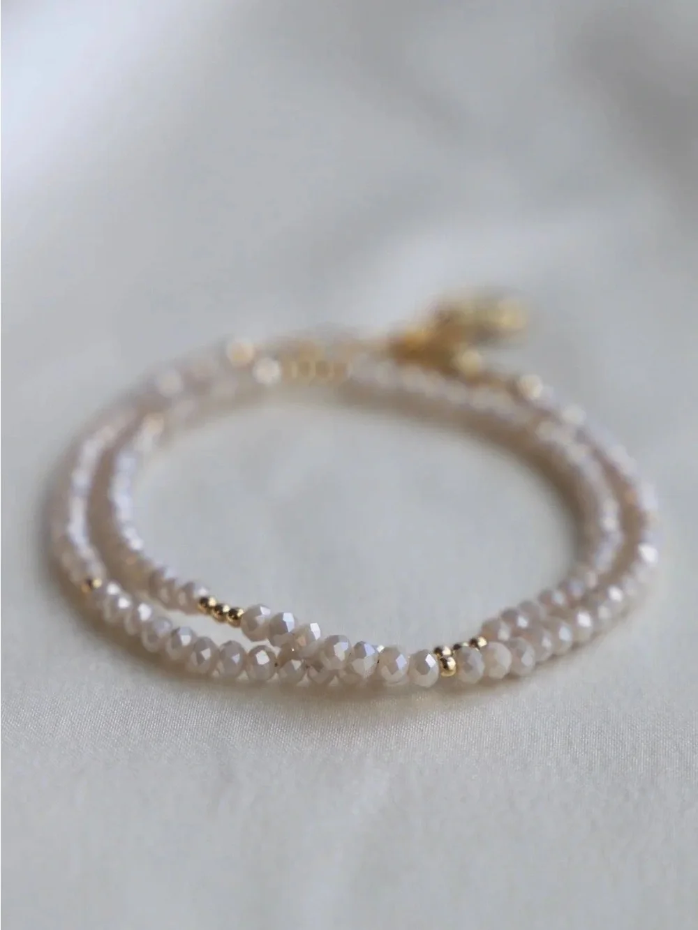 Faceted Cream Bead Double-Wrap Bracelet with Gold Accents